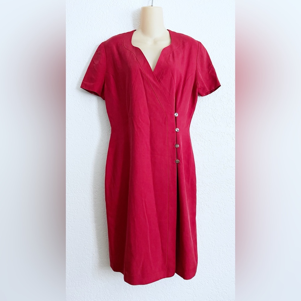 Vintage Georgiou Studio Deep Red Silk Faux Wrap Button Front Midi Dress 8 SMALL